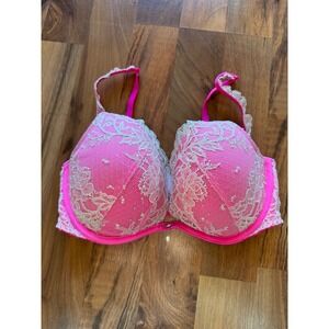 Victorias Secret Hot Pink Ivory Floral Lace Rhinestone‎ Push Up Bra 32D girly